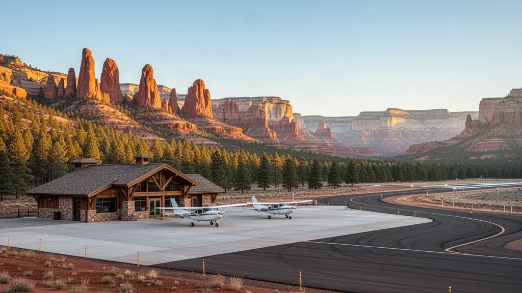 Rustic terminal at Bryce Canyon Airport in Utah with ponderosa pines and red rock hoodoos at golden hour