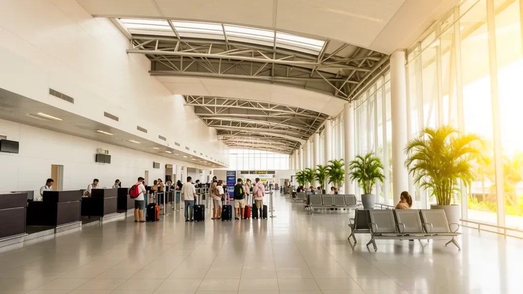 Bright departure hall interior of Bacolod-Silay International Airport with check-in counters and travellers in Negros Occidental
