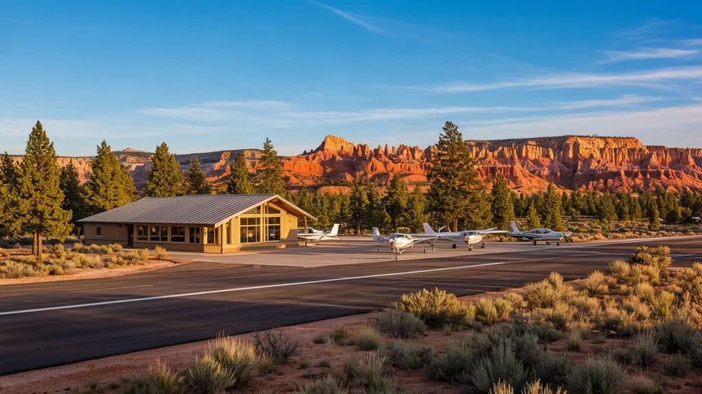 Small terminal and paved runway at Bryce Canyon Airport in Utah, with red rock cliffs of the canyon rising beyond the high desert plateau
