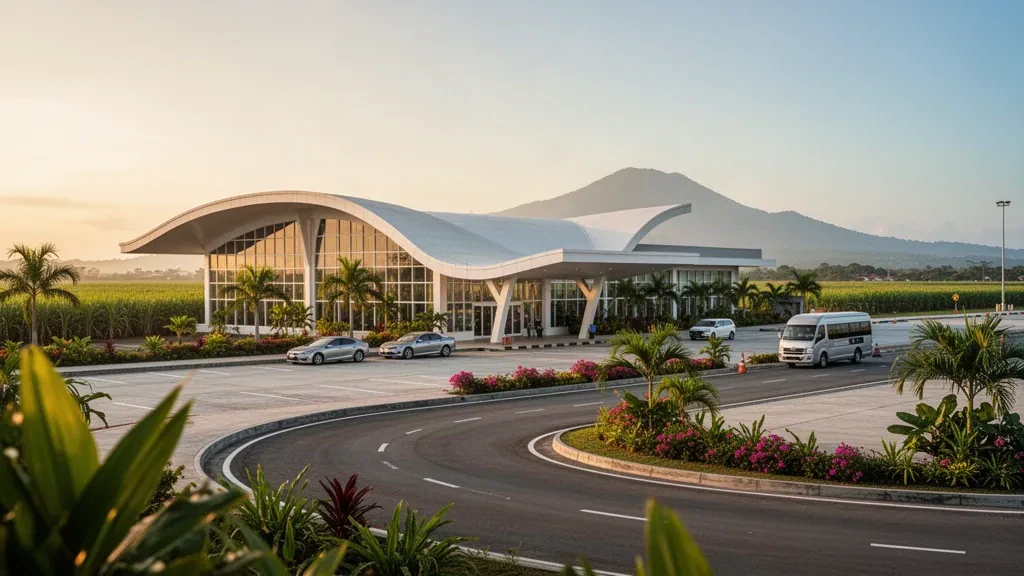 Exterior de la terminal moderna con techo curvo en el Aeropuerto Internacional de Bacolod-Silay con carriles de descenso bordeados de palmeras a la hora dorada
