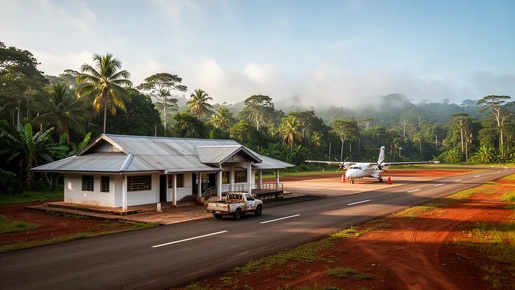 Der Flughafen Bemichi in Guyana mit einem kleinen tropischen Terminal, Regenwaldumgebung und einem Leichtflugzeug auf dem Vorfeld