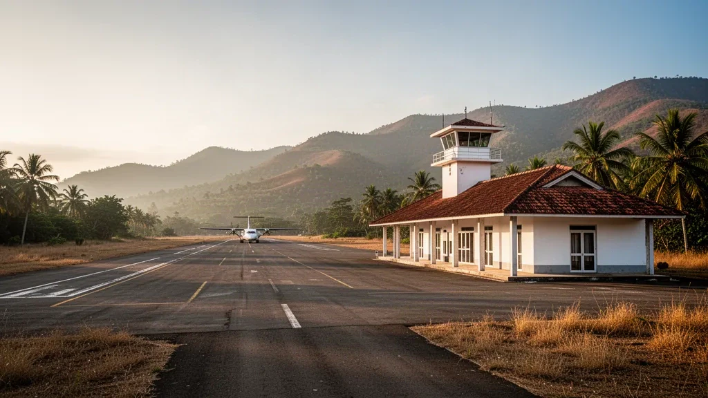 Petit terminal blanchi à la chaux et tarmac vide à l'aéroport de Baucau au Timor-Leste, encadrés par des palmiers, des collines tropicales sèches et une lumière dorée de fin de journée