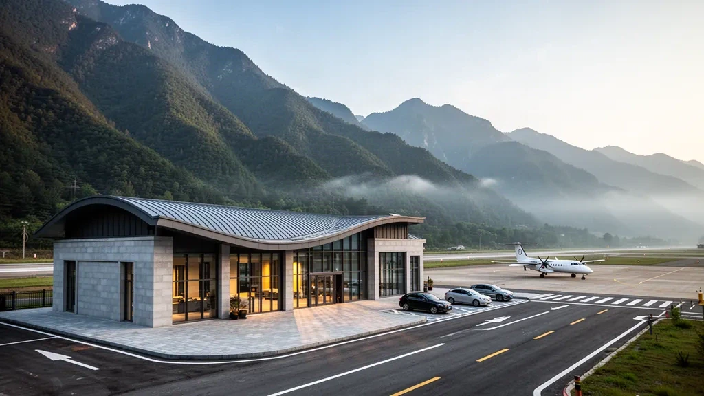 Modernes Glas-Terminal und ruhiges Vorfeld am Flughafen Beichuan Yongchang in Sichuan, im Hintergrund neblige grüne Bergketten bei Sonnenaufgang