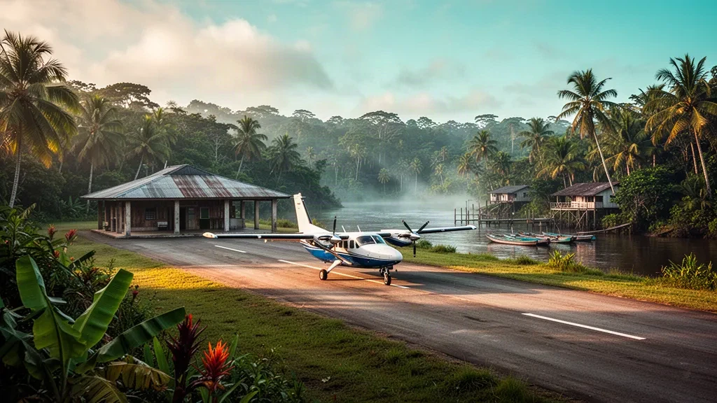 Tropical airstrip at Barra del Colorado Airport in Costa Rica, bordered by dense Caribbean rainforest and soft morning mist