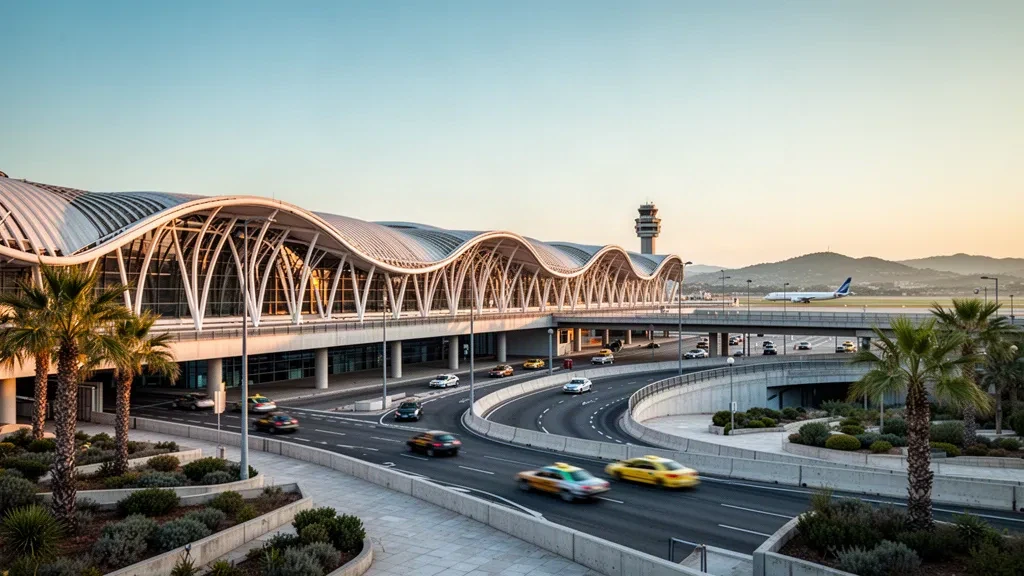Modern glass terminal facade and access roads at Josep Tarradellas Barcelona–El Prat Airport in warm Mediterranean golden hour light
