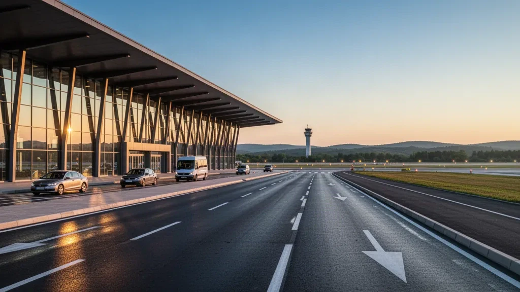 Romanya'nın Bacău kentindeki George Enescu Uluslararası Havalimanı'nda sıcak altın saat ışığıyla aydınlanan modern cam terminal ve yolcu indirme şeritleri