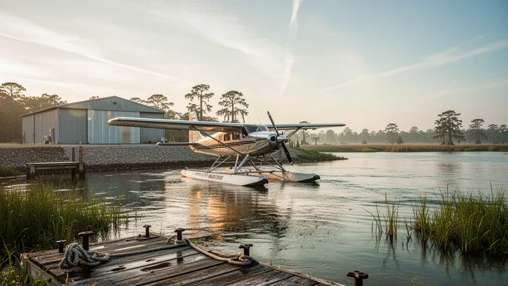 Single-engine floatplane moored at a wooden dock on the Mississippi River at Southern Seaplane Base in Belle Chasse, Louisiana, in golden-hour light