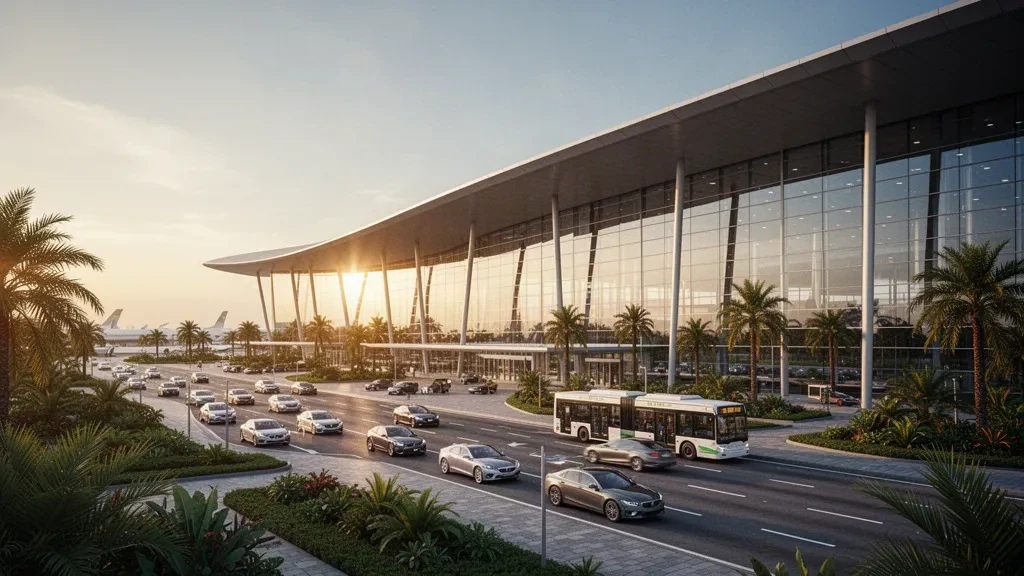 Exterior contemporáneo de la terminal del aeropuerto de Bambu a la hora dorada, fachada de cristal y carriles de descenso con espacio limpio para superposiciones de reservas de viajes