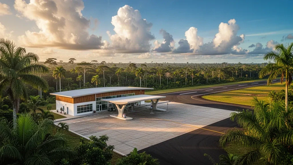 Weitwinkelansicht des Terminals des Flughafens Novo Campo (BCR) in Boca do Acre, Brasilien, umgeben vom Amazonas-Regenwald zur goldenen Stunde