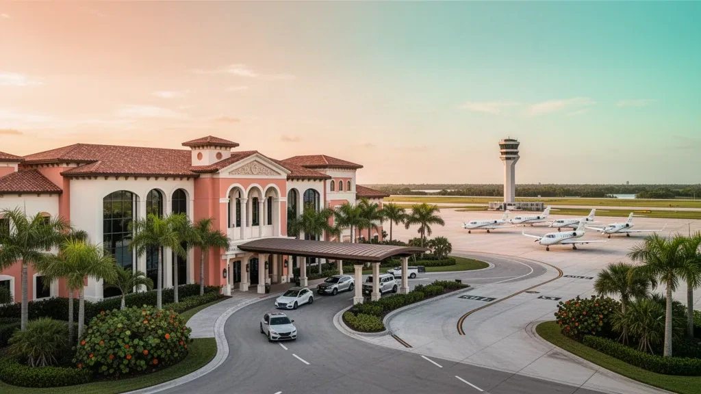 Entrada flanqueada por palmeras y terminal moderna en el aeropuerto de Boca Raton, Florida, con aviones privados en la plataforma iluminada por el sol durante la hora dorada