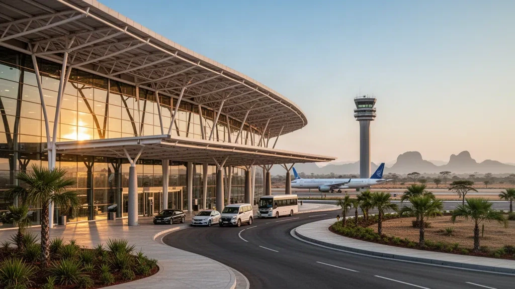 Modern glass terminal and drop-off area at Sir Abubakar Tafawa Balewa Bauchi State International Airport at golden hour