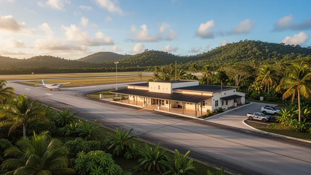 Belize'ın Belmopan kentindeki Hector Silva Airstrip'in altın saatlerdeki görünümü; küçük tropikal terminal, sakin pist ve yemyeşil tepeler.