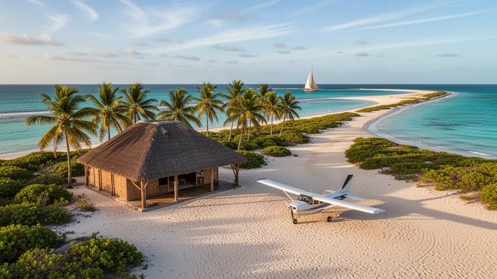 Piste d'atterrissage sableuse tropicale, palmiers et pavillon ouvert à toit de chaume à l'aéroport de l'île de Benguerra dans l'archipel de Bazaruto au Mozambique