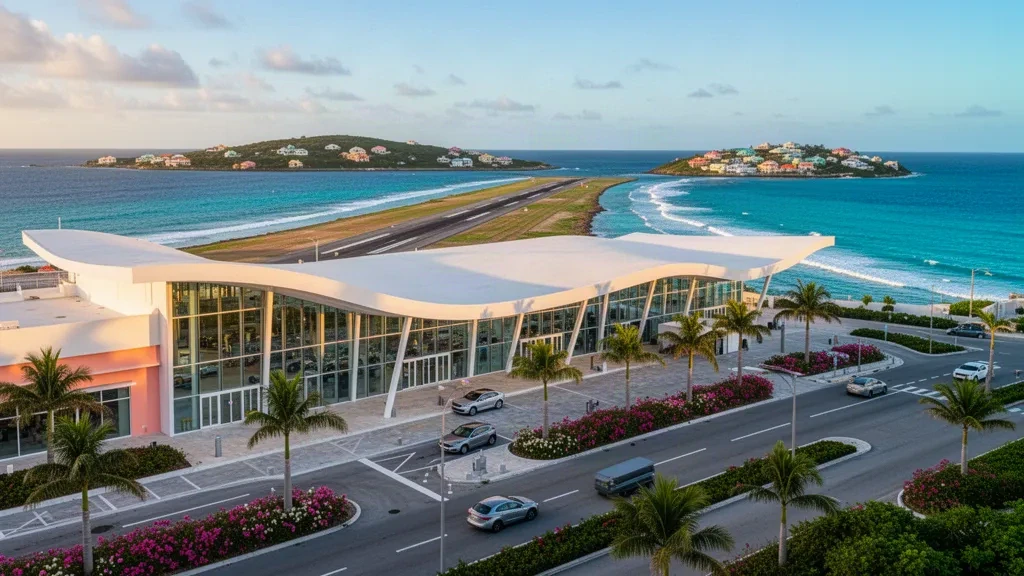 Terminal moderna de vidrio y pista costera en el Aeropuerto Internacional L.F. Wade en Bermudas bajo una cálida luz tropical