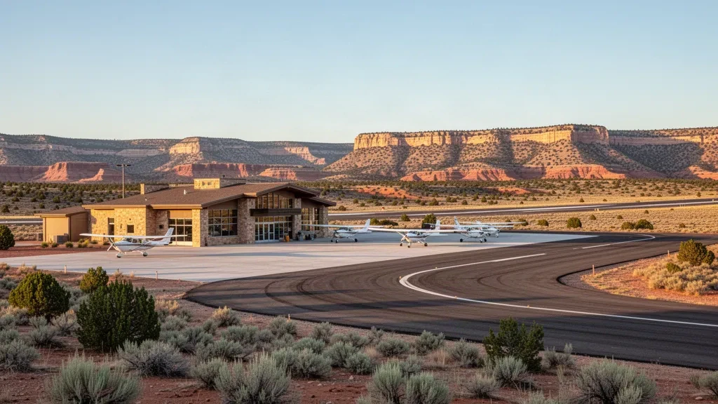 Kleines Terminal der allgemeinen Luftfahrt und Vorfeld am Blanding Municipal Airport in Utah, umrahmt von roten Felsmesas unter einem weiten Wüstenhimmel