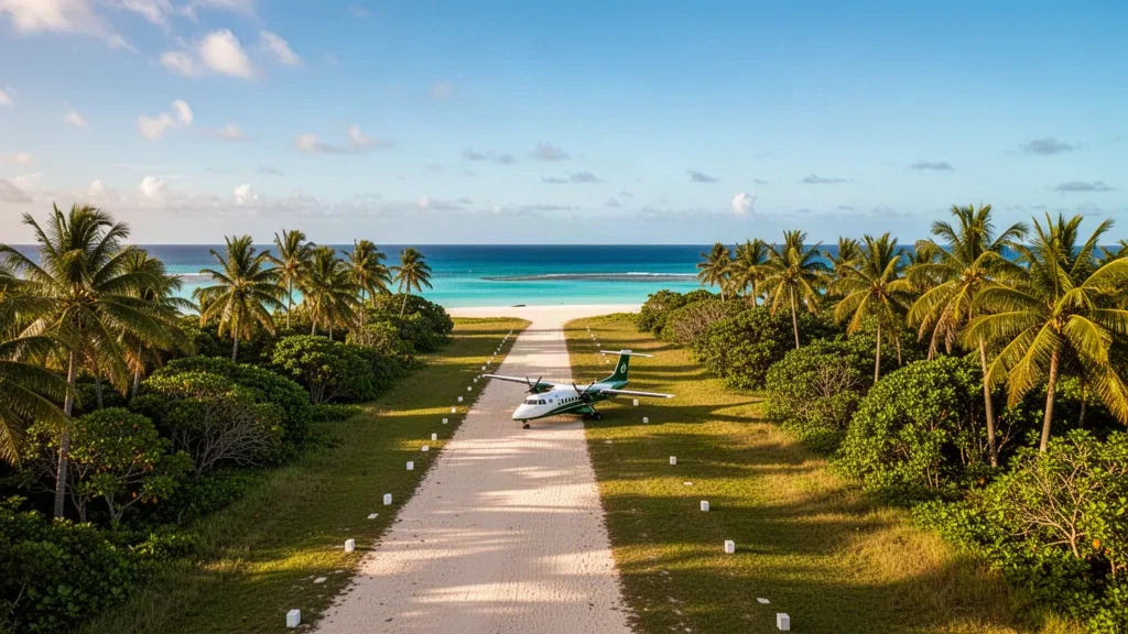 Piste d'atterrissage en herbe tropicale sur Bird Island aux Seychelles, bordée de palmiers au bord des eaux turquoise de l'océan Indien sous une lumière dorée d'après-midi