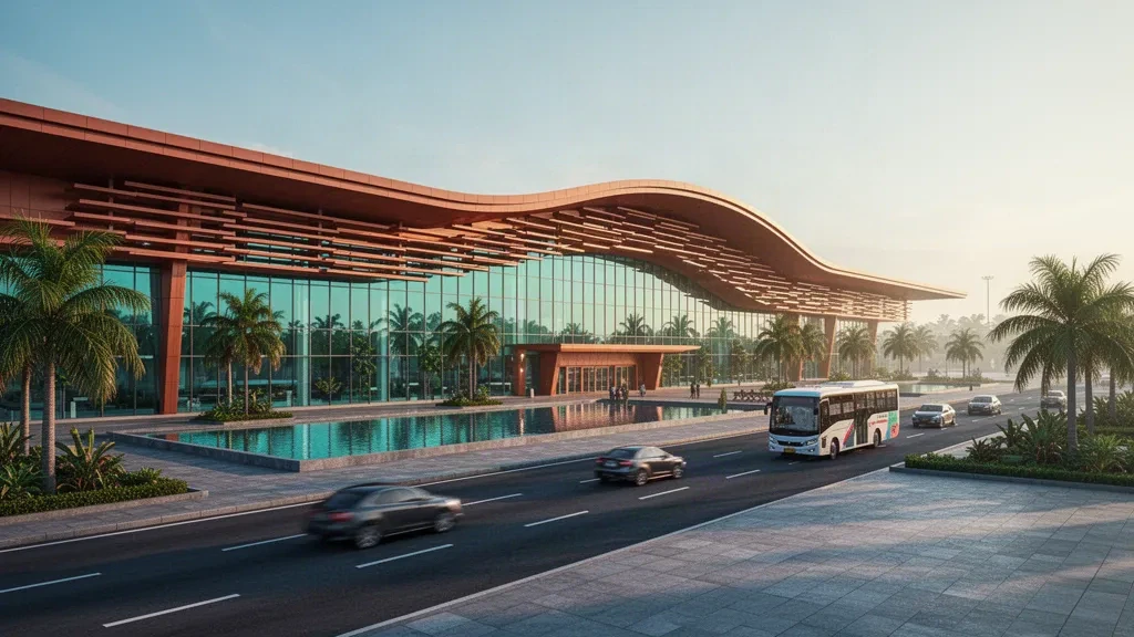Exterior moderno de la terminal con techo curvo en el Aeropuerto Internacional Syamsudin Noor en Banjarmasin bañado por la cálida luz dorada del atardecer tropical