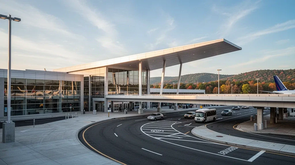 Windsor Locks, Connecticut'taki Bradley Uluslararası Havalimanı'nda gün batımında modern cam terminal ve yolcu indirme şeritleri