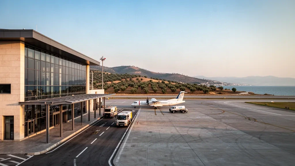 Bandırma'da Marmara kıyısı yakınında modern bölgesel havalimanı terminali ve apron, sıcak akşam ışığında park etmiş bir turboprop uçak