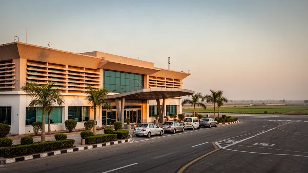 Bâtiment terminal de faible hauteur et voie de dépose à l'aéroport de Talhar dans le Sind, au Pakistan, éclairés par une chaude lumière dorée