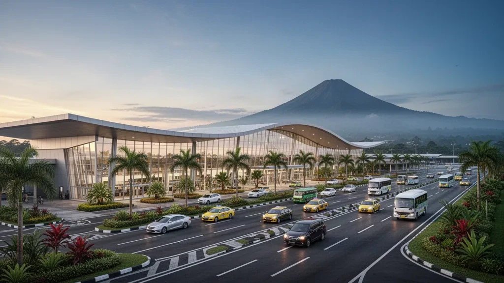 Terminal moderna y carriles de descenso en el Aeropuerto Internacional Husein Sastranegara de Bandung, con montañas brumosas al fondo durante la hora dorada