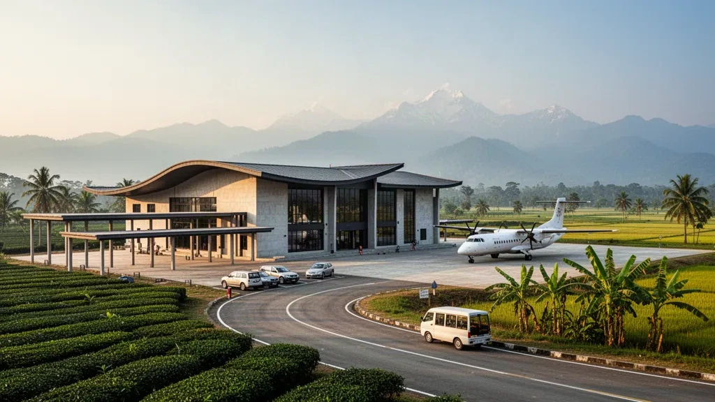 Terminal moderno e piazzale aeromobili dell'aeroporto di Bhadrapur nelle pianure del Terai nepalese, incorniciati da piantagioni di tè e dalle lontane colline himalayane.