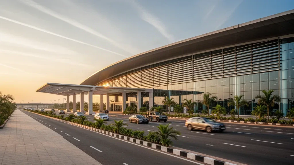Modernes Terminalgebäude mit geschwungenem Dach und Bringspur am Vadodara International Airport im warmen Licht der goldenen Stunde
