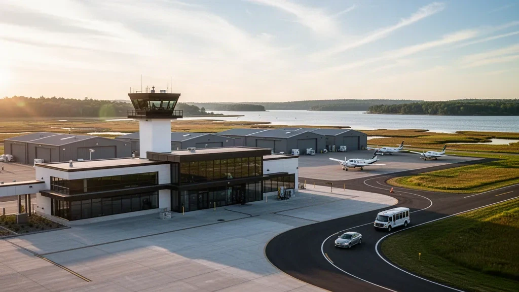 Terminal de aviación general costera y torre de control del Aeropuerto Igor I. Sikorsky Memorial en Stratford, Connecticut, a la hora dorada