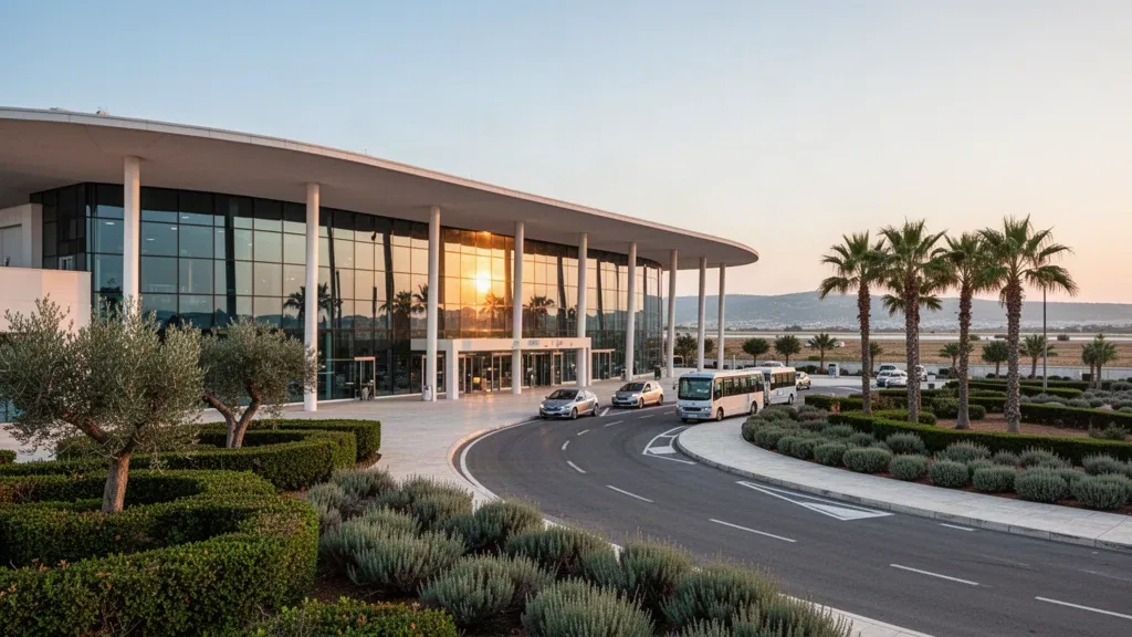 Terminal moderne en verre et voie de dépose à l'aéroport de Brindisi Salento dans les Pouilles, en Italie, baignés par la lumière chaude d'un après-midi méditerranéen