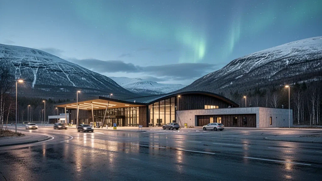 Terminal moderno con facciata in vetro e corsia di sosta al Bardufoss Airport nel nord della Norvegia, incorniciato da montagne innevate all'ora blu