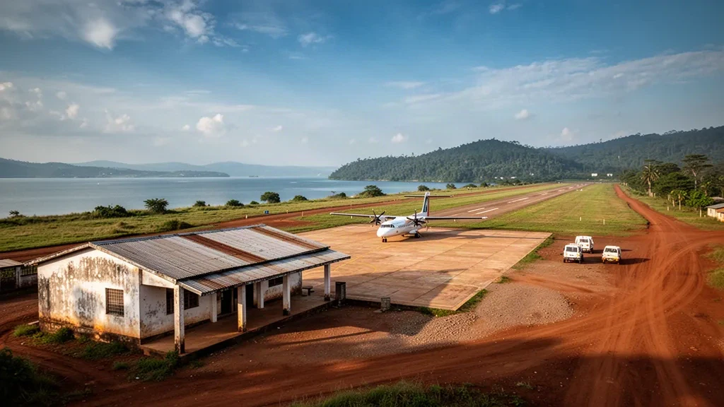 Piccolo terminal aeroportuale regionale e pista in laterite all'Aeroporto di Moba nella Repubblica Democratica del Congo vicino al Lago Tanganica
