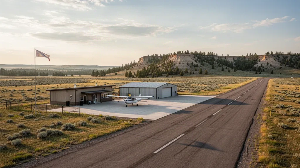 Rural Broadus Airport airfield in Montana with a small runway, hangar and parked light aircraft under wide prairie skies