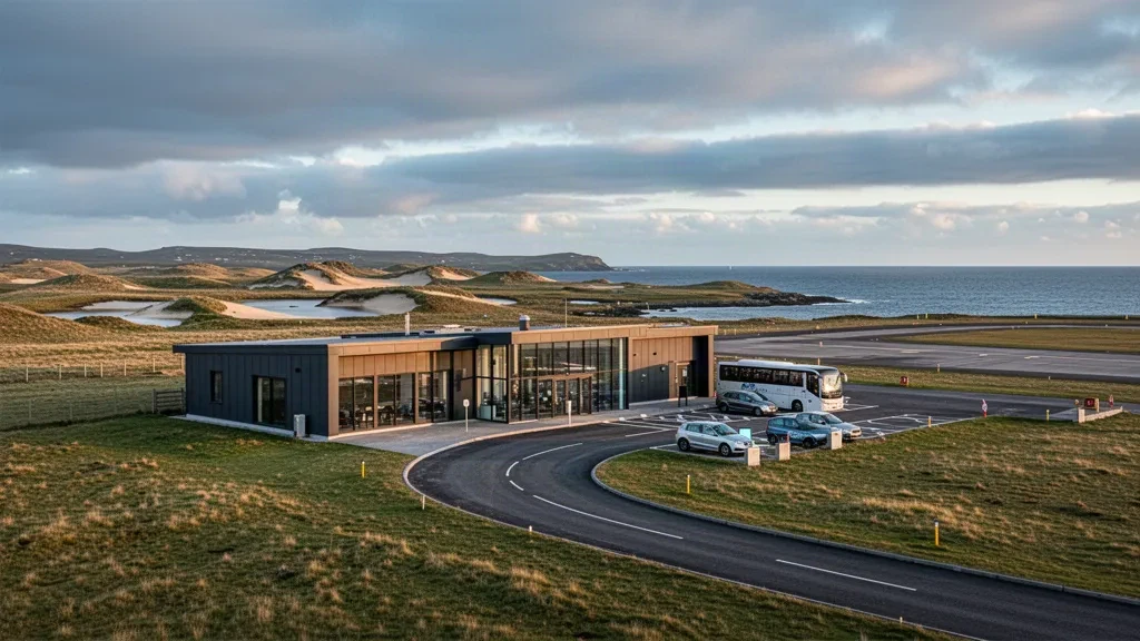 Modernes gläsernes Terminal und Zufahrtsstraße am Flughafen Benbecula an der windigen Küste der Äußeren Hebriden zur goldenen Stunde