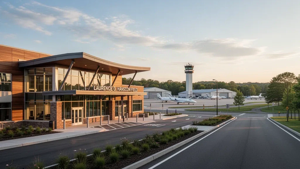 Laurence G. Hanscom Field à Bedford, Massachusetts, avec un terminal moderne, des jets d'affaires, des hangars et une tour de contrôle à l'heure dorée.