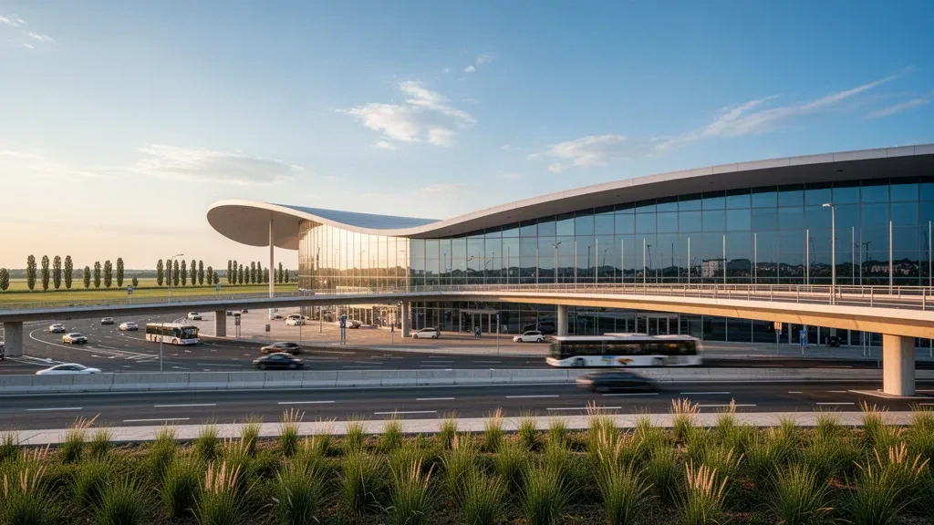 Esterno moderno del terminal in vetro e corsie di sosta all'Aeroporto di Belgrado Nikola Tesla immersi nella luce dorata del tramonto