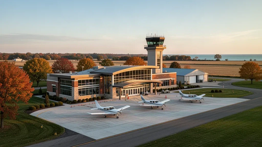 Terminal moderne en verre, tour de contrôle et voie de dépose à l'aéroport régional du sud-ouest du Michigan à Benton Harbor à l'heure dorée