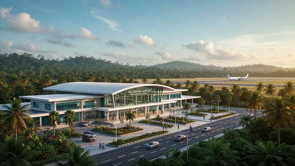 Modern terminal exterior at Kalimarau Airport in Berau, East Kalimantan, with tropical greenery, drop-off lane, and soft golden-hour light.