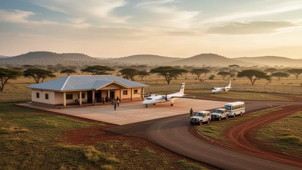 Kleines regionales Terminal und Vorfeld am Flughafen Beica in Äthiopien mit einer abgestellten Turboprop-Maschine und goldenem Licht zur Abendstunde über der westlichen Hochebene.
