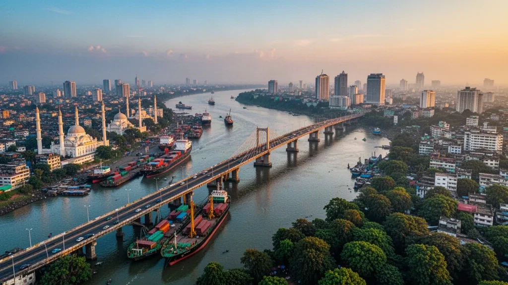 Vista aérea del puente Shah Amanat sobre el río Karnaphuli en Chattogram, Bangladés, con buques de carga y paisaje urbano durante la hora dorada.