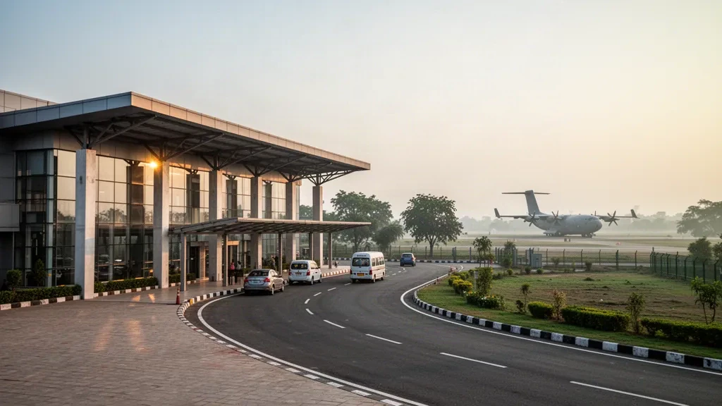 Extérieur moderne d'un terminal d'aéroport en verre avec voie de dépose et aire de stationnement des aéronefs à l'aéroport civil de Bareilly Air Force Station dans l'Uttar Pradesh
