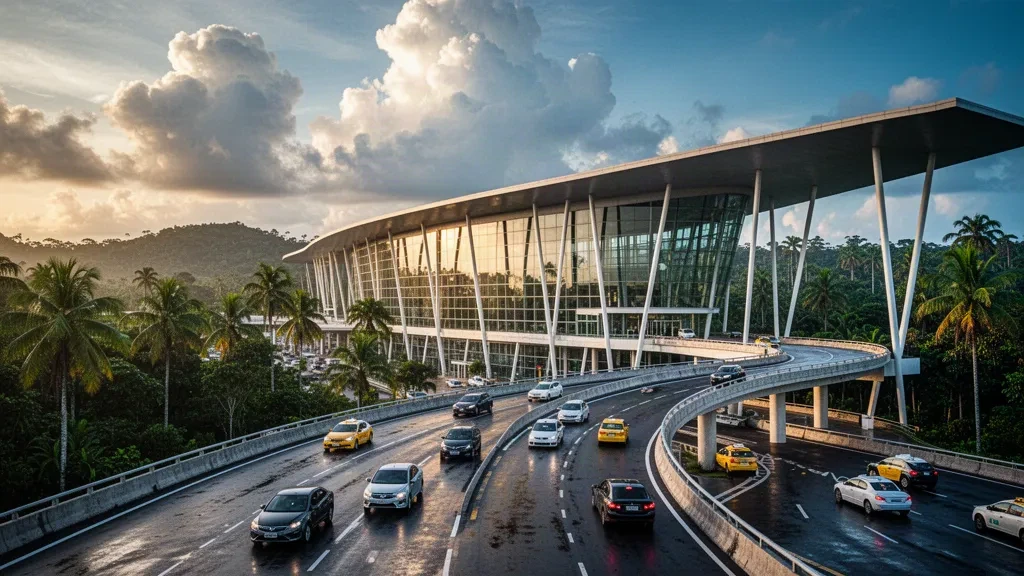 Modern glass terminal and drop-off lanes at Val de Cans International Airport in Belém, Brazil, framed by tropical greenery in warm evening light