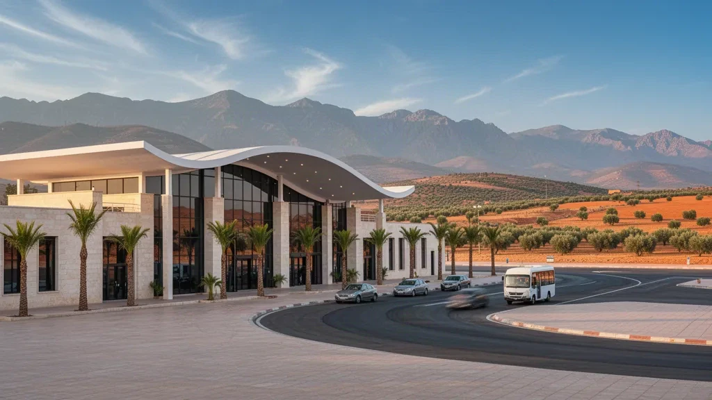 Esterno moderno del terminal dell'aeroporto di Beni Mellal nell'ora d'oro con palme, una corsia di scarico e le montagne dell'Atlante sullo sfondo