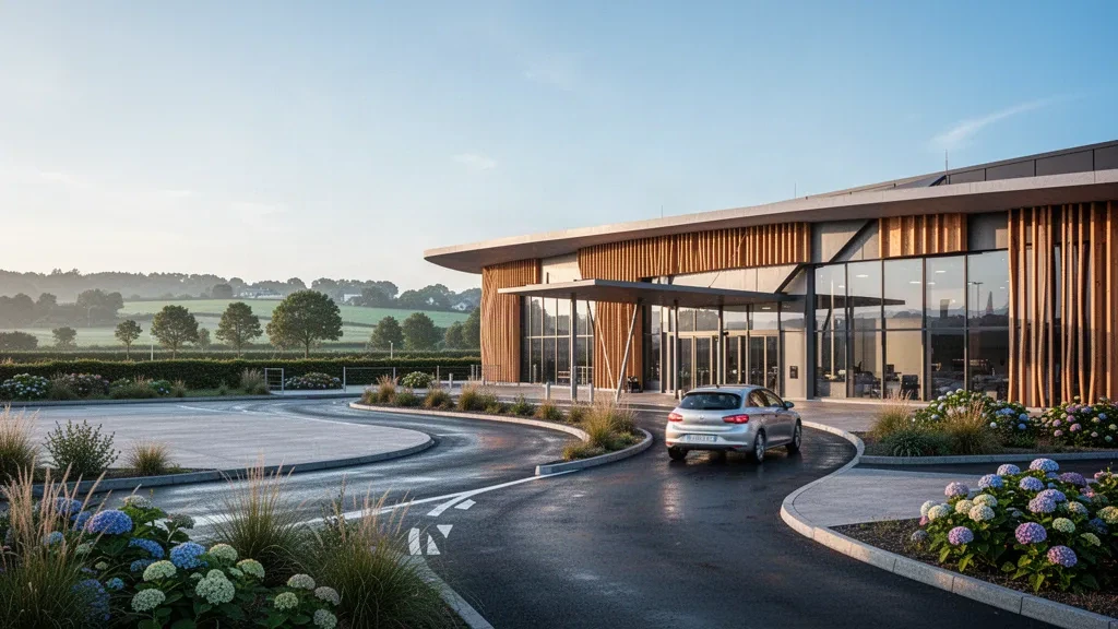 Modern timber and glass terminal exterior with drop-off road at Brest Bretagne Airport in Guipavas, Brittany, France