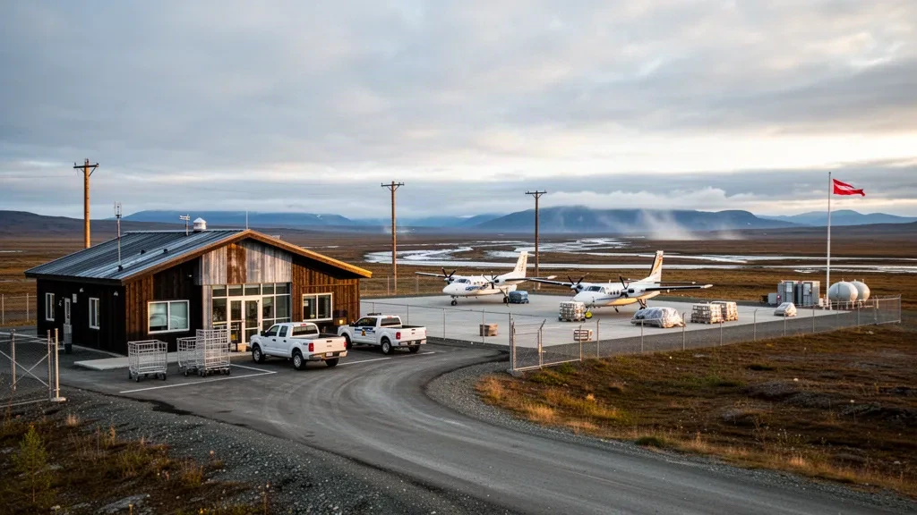 Terminal de una sola planta desgastada y avionetas en la plataforma del aeropuerto de Bethel, en Alaska, rodeados de tundra abierta y un amplio cielo subártico.