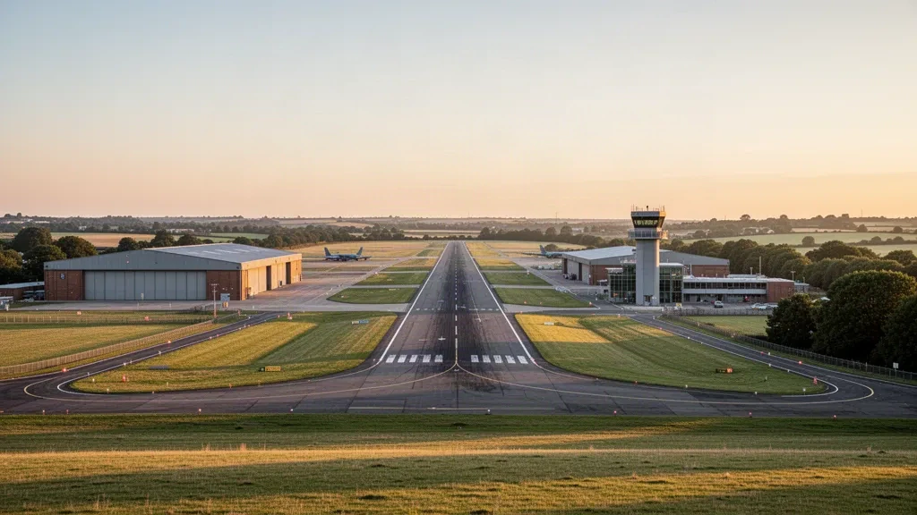 Vue large de l'aérodrome de RAF Honington dans le Suffolk avec piste, hangars et tour de contrôle sous la lumière de l'heure dorée.