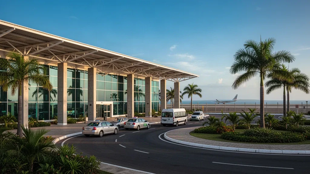 Modern glass terminal exterior and drop-off lane at Beira International Airport in Mozambique under warm coastal light