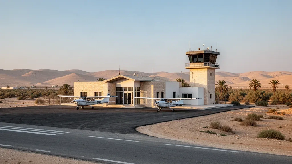 Bâtiment terminal bas, tour de contrôle et petits avions sur le tarmac de l'aéroport de Beer-Sheva Teyman dans le désert du Néguev à l'heure dorée
