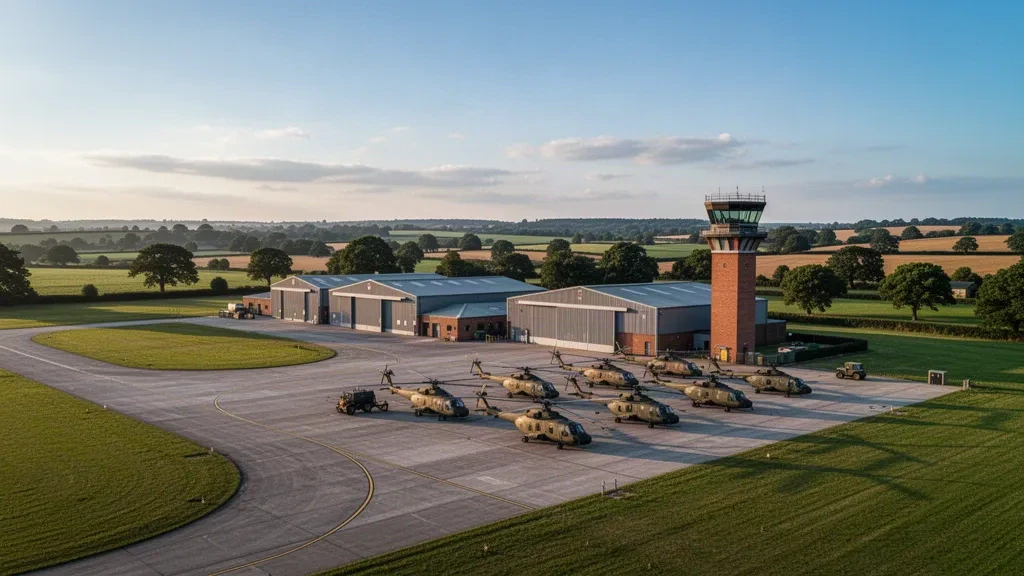 RAF Benson military airfield in Oxfordshire with hangars, control tower and unmarked helicopters on the apron at golden hour