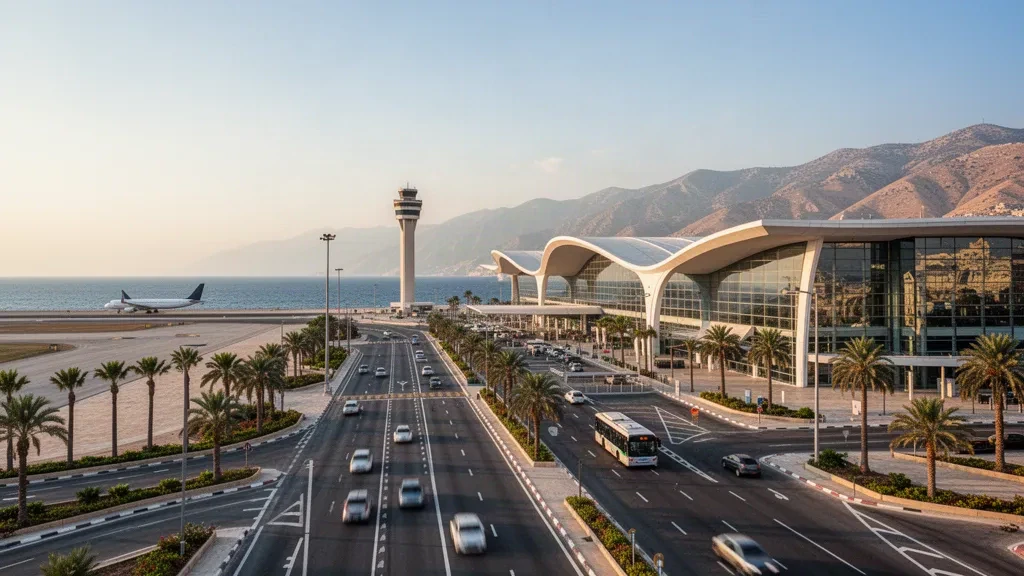 Terminal moderne en verre et route d'accès à l'aéroport international de Beyrouth-Rafic Hariri sous une lumière méditerranéenne chaude
