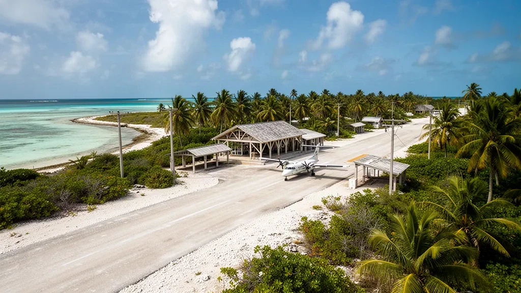 Remote coral airstrip and open-air terminal on Beru Island, Kiribati, framed by palm groves under a bright Pacific sky